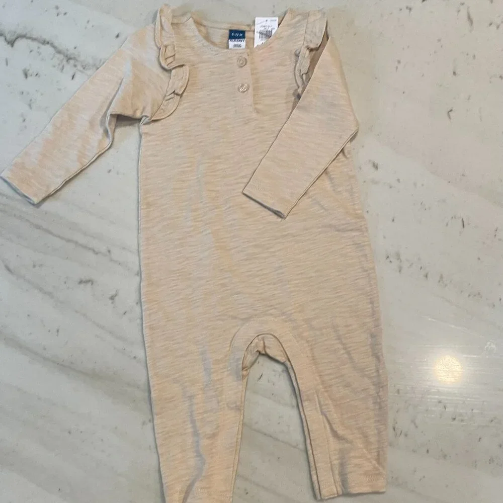 6-12mo PJ/romper, cream with ruffle shoulders -  NEW!